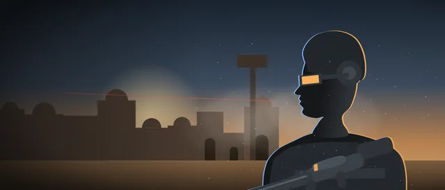 Original illustration: a helmeted operator with goggles and rifle in a desert town at dusk (unofficial, inspired by Counter-Strike 2)