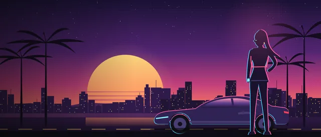 Original illustration: a stylish woman beside a sports car on a palm-lined coastal road at sunset (unofficial, inspired by GTA Online)