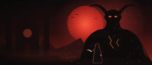 Original illustration: a towering horned demon facing a small hooded wanderer (unofficial, Diablo IV boosting and bosses)