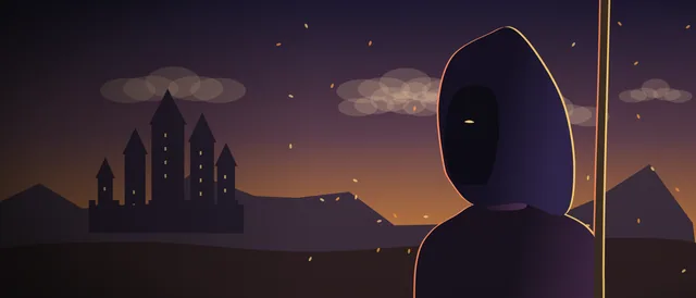 Original illustration: a hooded mage with a glowing staff on an autumn road to an old keep (unofficial, inspired by WoW Classic)