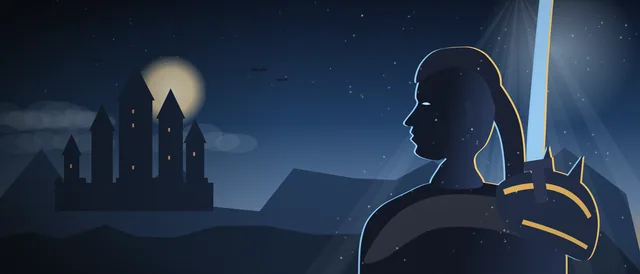 Original illustration: an armoured warrior with a glowing sword before a moonlit keep (unofficial, inspired by World of Warcraft)