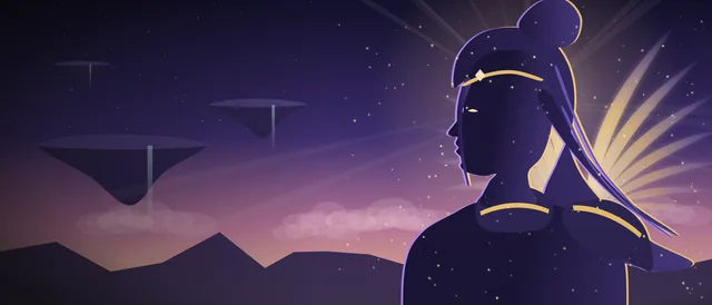 Original illustration: a winged heroine in a gold circlet before floating islands at dawn (unofficial, inspired by Aion 2)