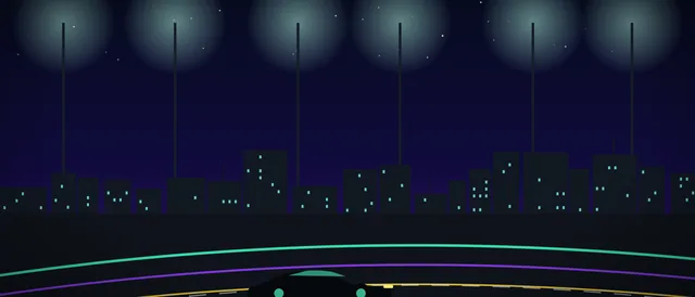 Original illustration for Forza Horizon 5: a floodlit night track with light trails and a sports car