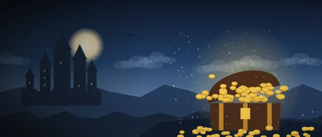 Original illustration: a treasure chest overflowing with gold coins before a moonlit keep (unofficial, World of Warcraft gold)